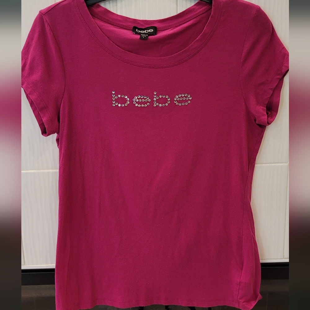Womens bebe Logo Rhinestone Top Size L